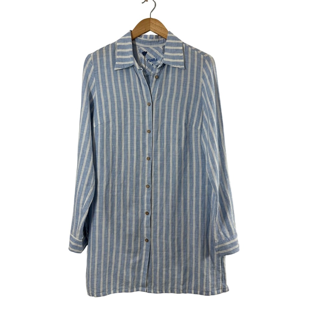 Yuvita Womens‎ Blue White Striped 100% Linen Longline Tunic Shirt Size S